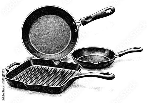 Collection of three assorted cooking pans including a grill pan and frying pans on a white background