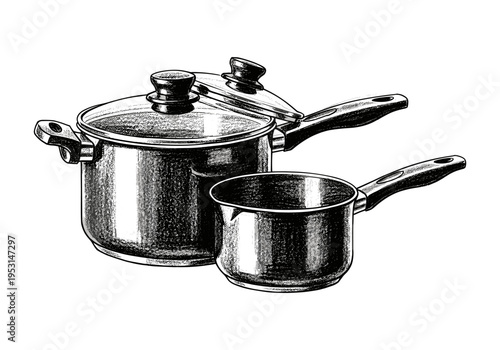 Classic stainless steel pots and saucepan with glass lids and handles, hand-drawn illustration