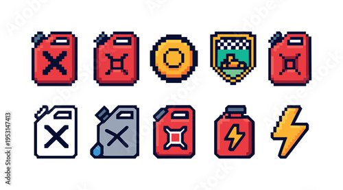 Pixel art icons of jerrycans, energy drink, and lightning bolt for gaming or retro design