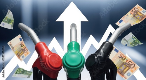 Gas pumps at a gas station with euro banknotes. Rising prices. Concept of rising gasoline and diesel prices due to the war in the Middle East. 
