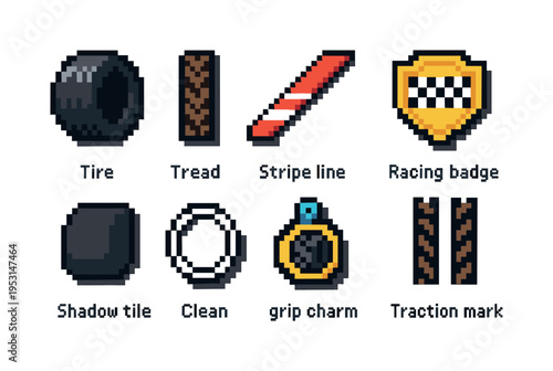 Pixel art icons for racing game elements including tires, tread, and badges