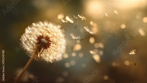 Close-up of a dandelion seed head dispersing seeds in the wind with golden bokeh background.