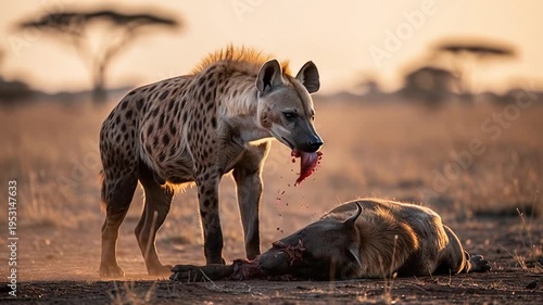 Hyena feeding on a carcass in the African savanna at sunset.