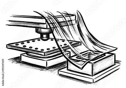 Sketch of industrial machine pressing a sheet of material into a mold