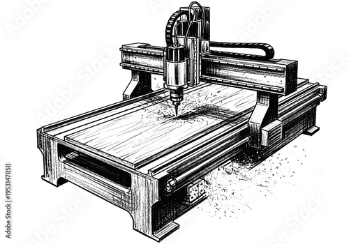 Detailed illustration of a CNC router machine carving into a wooden surface with precision