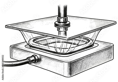 Illustration of a vacuum forming machine in action, shaping plastic material