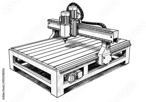 Detailed sketch of a CNC milling machine with a spindle and worktable