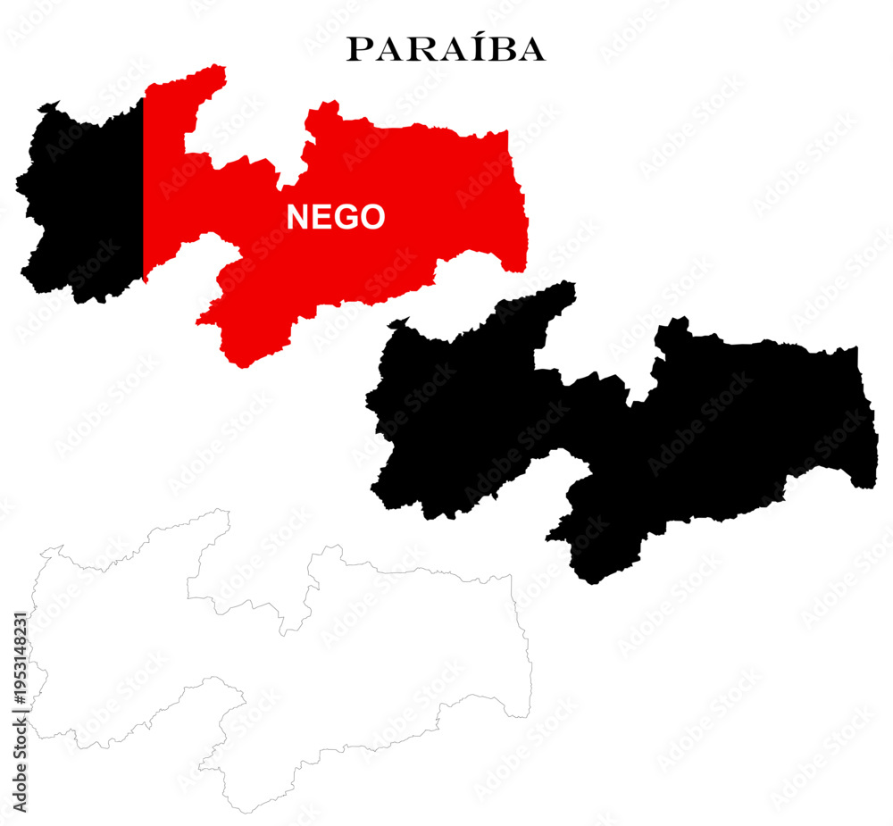 Fototapeta premium State of Paraíba Map Bundle with Flag, Black Silhouette and Detailed Outline Contours