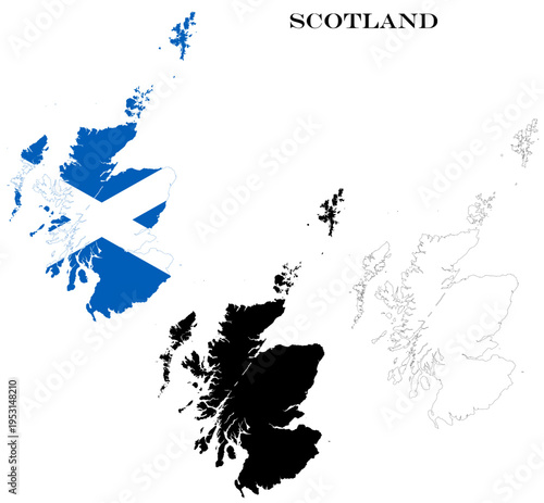 Scotland Country Maps Bundle with National Flag, Black Silhouette and Detailed Outline Contours