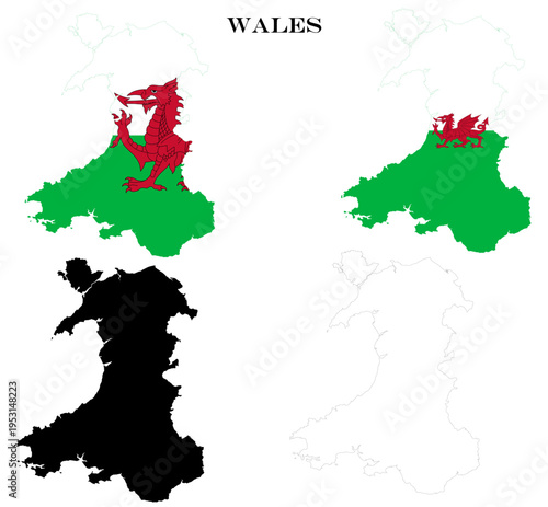 Wales Country Maps Bundle with National Flag, Black Silhouette and Detailed Outline Contours