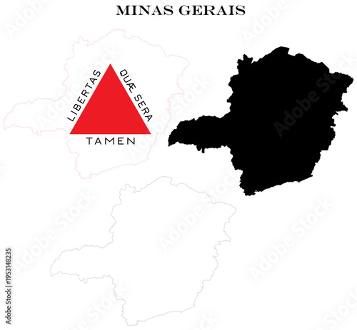 State of Minas Gerais Map Bundle with Flag, Black Silhouette and Detailed Outline Contours