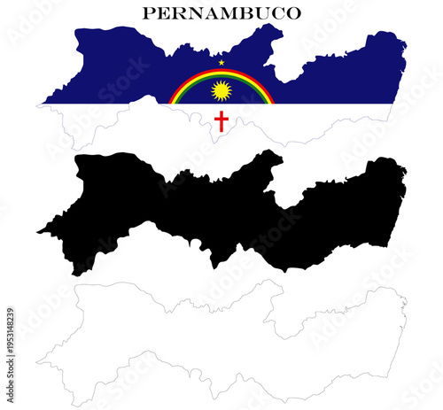 State of Pernambuco Map Bundle with Flag, Black Silhouette and Detailed Outline Contours