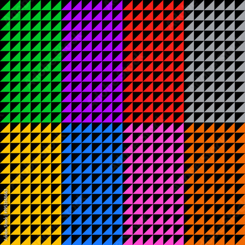 三角形を並べた幾何学模様のパターン壁紙 黒とのツートーン 8色のカラフル背景素材