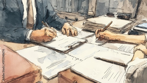 Two people at a table sign documents, hands focused on papers