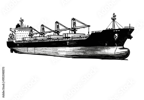 Black and white sketch of a large cargo ship with cranes on deck sailing on the water