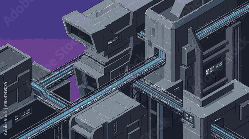 Futuristic cityscape with neon blue tunnels and gray buildings against purple sky