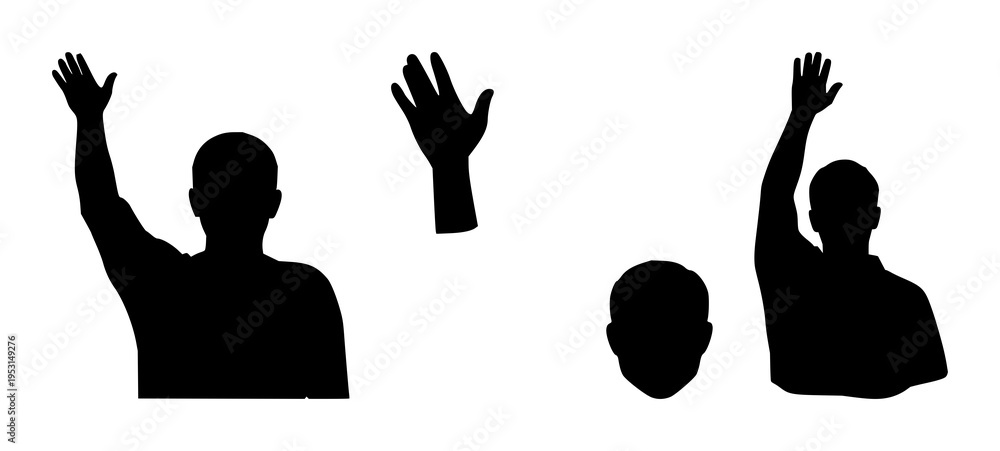 Fototapeta premium Person set with minimalist black silhouette icon featuring raised arm, greeting gesture, line art with flat design and high contrast
