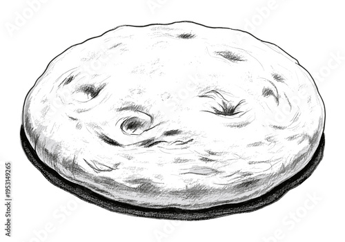 Hand-drawn illustration of a round, uncooked focaccia bread dough with dimples and texture