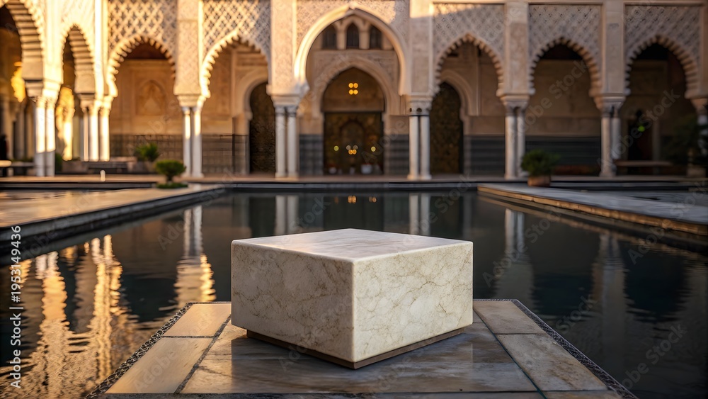 Obraz premium A solitary marble plinth stands elegantly centered within a serene reflective pool surrounded by beautiful Islamic architecture.