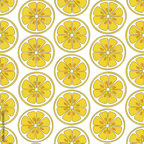 Seamless pattern of bright yellow lemon slices with white pith and thin dark outlines