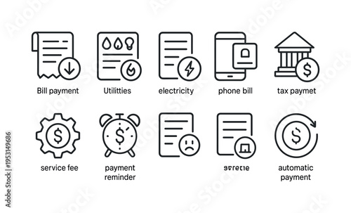 Collection of financial and payment icons representing bills, utilities, and transactions