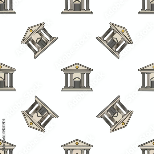 Pattern of neoclassical buildings with columns and triangular pediments on white