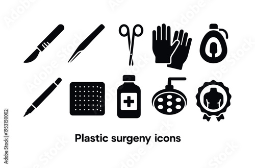 Collection of plastic surgery icons including scalpel, forceps, scissors, gloves, and medical equipment