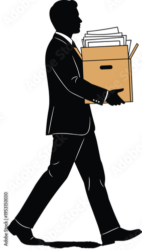 Businessman carrying box with documents silhouette walking office worker vector illustration for corporate job relocation, moving files and professional work concept
