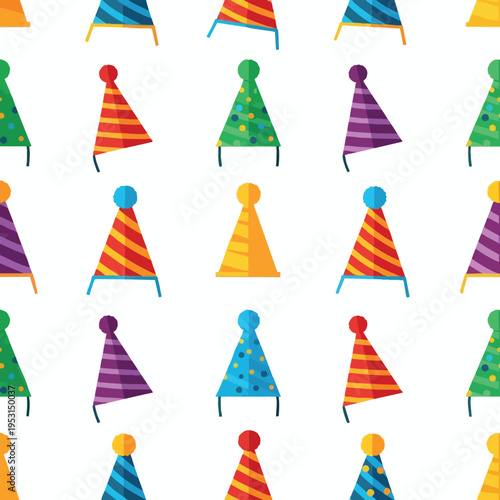 Seamless pattern of colorful conical party hats with pom-poms and various patterns
