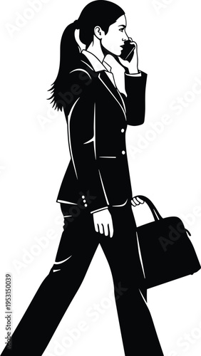 Businesswoman walking and talking on phone silhouette holding handbag professional office worker vector illustration for corporate communication, career lifestyle and business concept
