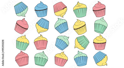 Colorful Cupcakes with Creamy Frosting Tops.