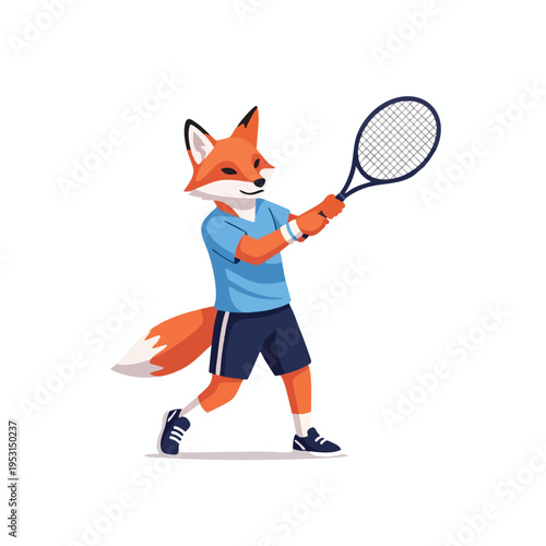 Anthropomorphic fox in tennis attire swings a racket, ready to hit a ball