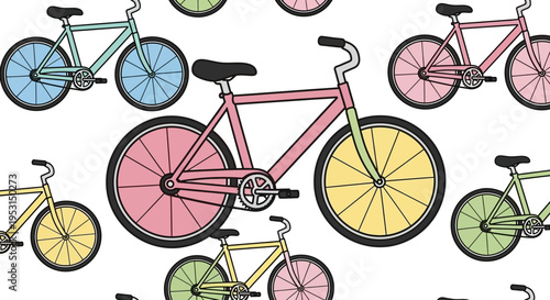 Colorful bicycles on white background.
