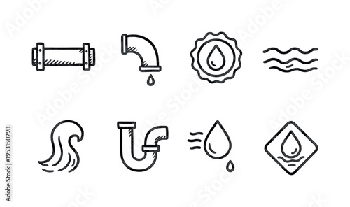 Collection of hand-drawn icons representing plumbing, water, and liquid elements