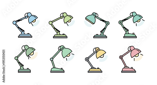 Collection of desk lamps in different colors.
