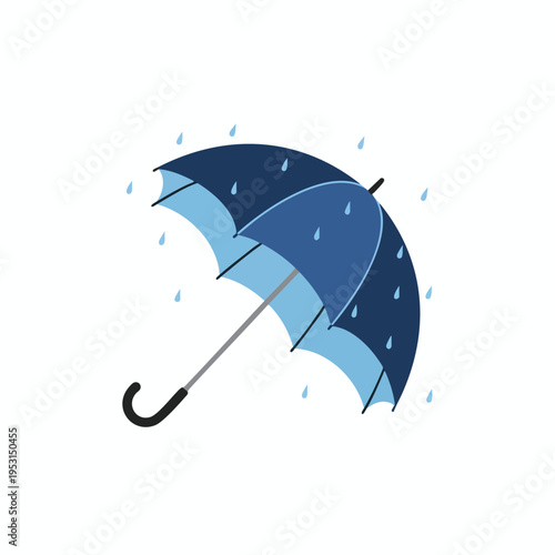 A blue umbrella is angled upwards, deflecting falling raindrops