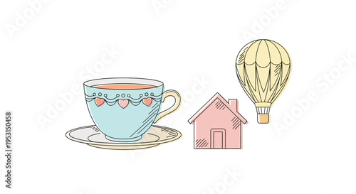 Teacup with saucer and pink house.