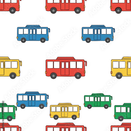 A colorful, repeating pattern of cartoon buses in various colors