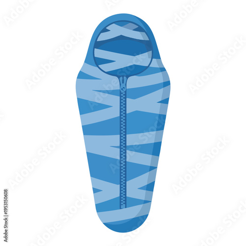 Blue striped sleeping bag with zipper closure, viewed from top