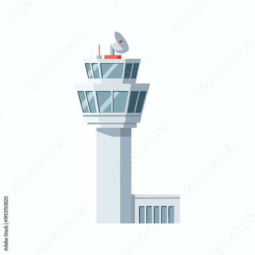 Modern air traffic control tower with a large radar dish