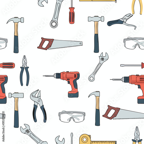 A seamless pattern of hand-drawn construction and repair tools on a white background