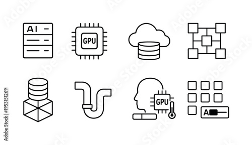 Set of icons representing artificial intelligence, machine learning, and data processing concepts