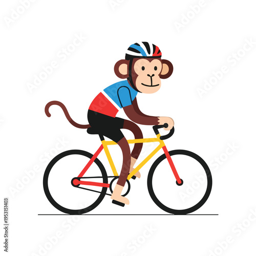 Cartoon primate wearing cycling gear rides a colorful bicycle