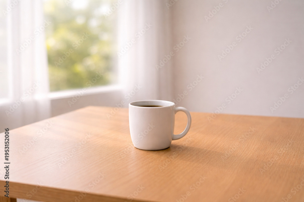 Fototapeta premium 窓辺の木製テーブルに置かれたコーヒーカップと自然光