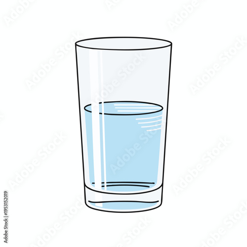 A clear glass tumbler with light blue liquid, half full, on a white background