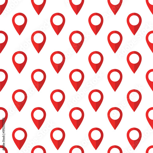 Seamless pattern of red location pins on a white background