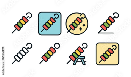 Collection of colorful kebab icons on skewers, representing grilled food and summer picnics