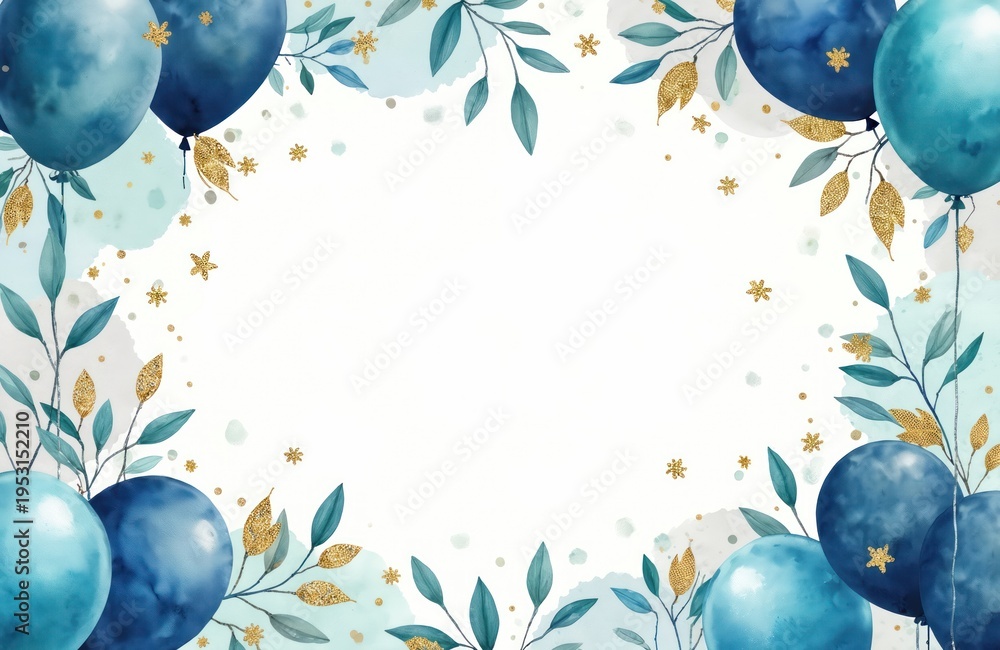 Obraz premium Blue and teal balloons with gold leaves and glitter adorn a white background. Festive branches with teal foliage frame the empty space, ideal for party invitations or event announcements.