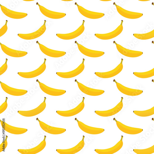 A vibrant repeating pattern of yellow bananas against a white background