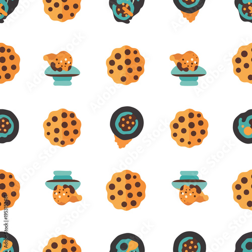 Pattern of cookies and cookie-like objects on a white background